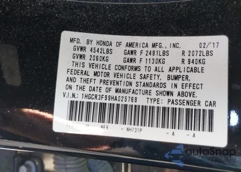 2017 Honda Accord Touring from USA, damaged, VIN 1HGCR3F99HA025769